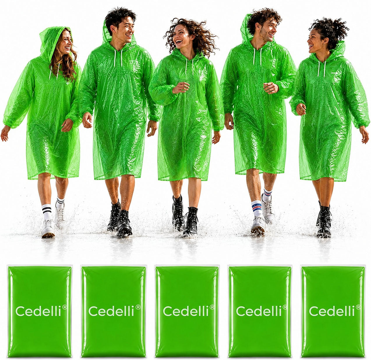 Cedelli® 5 Einweg Regenponchos | GRÜN | Festivals, Karneval, Outdoor - extra robust!