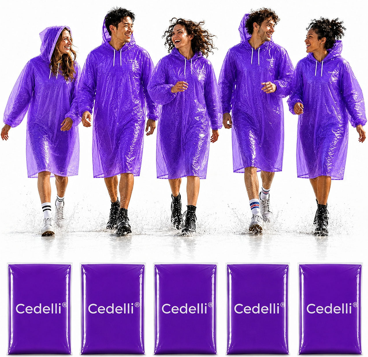 Cedelli® 5 Einweg Regenponchos | LILA | Festivals, Karneval, Outdoor - extra robust!-zoom-1