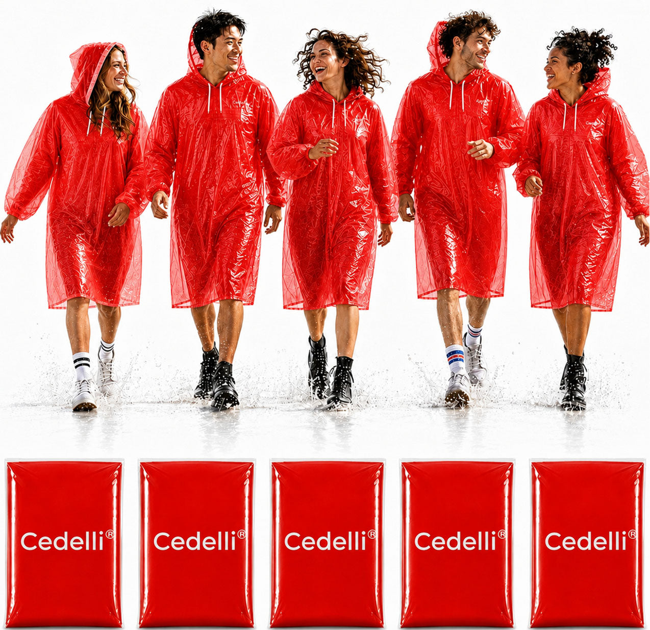 Cedelli® 5 Einweg Regenponchos | ROT | Festivals, Karneval, Outdoor - extra robust!-zoom-1